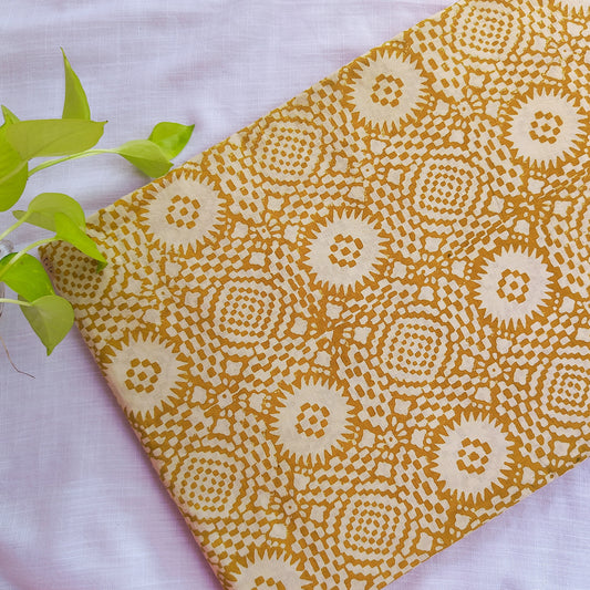 Pure Cotton Bagru Mustard with Cream geometric Flower Hand Block Print Fabric