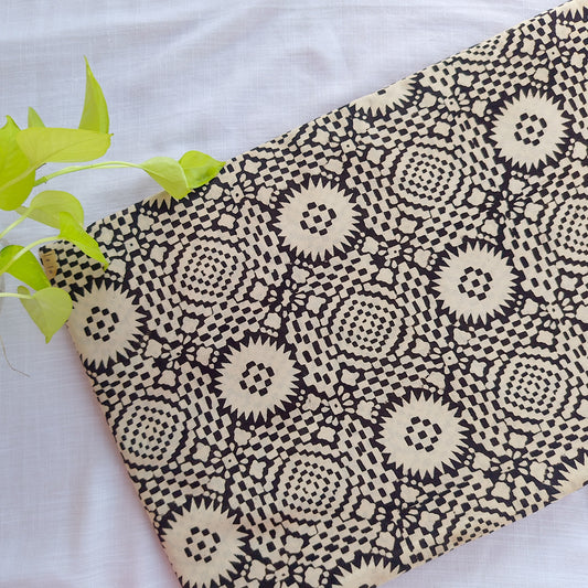 Pure Cotton Bagru Black With Cream geometric Flower Hand Block Print Fabric