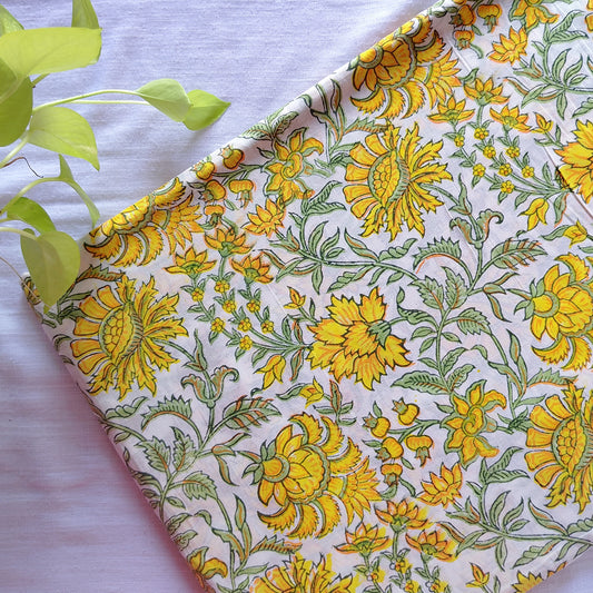 Pure Cotton Jaipuri White With Lemon Yellow Flower JaalHand Block Print Fabric