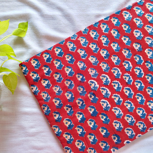Pure Cotton Jaipuri Red With Blue Flower Buds Hand Block Print Fabric