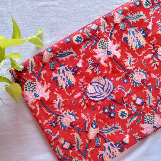 Pure Cotton Jaipuri Red With Blue Wild Flower Jaal Hand Block Print Fabric